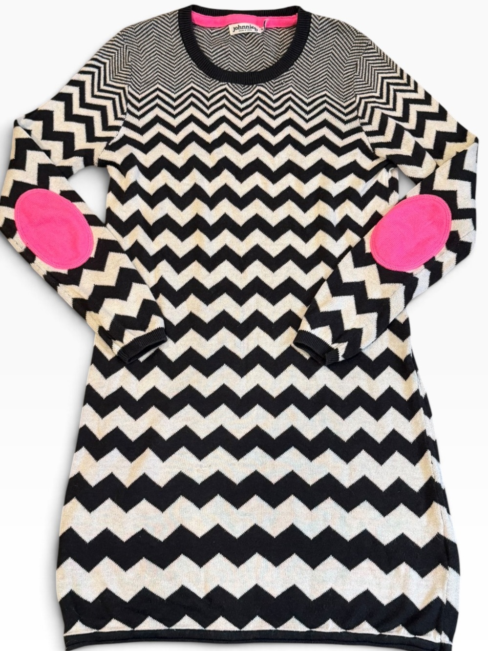 Johnnie B, Girls Black & White Light Knit Dress with Pink Elbow Patches, Sz 9/10